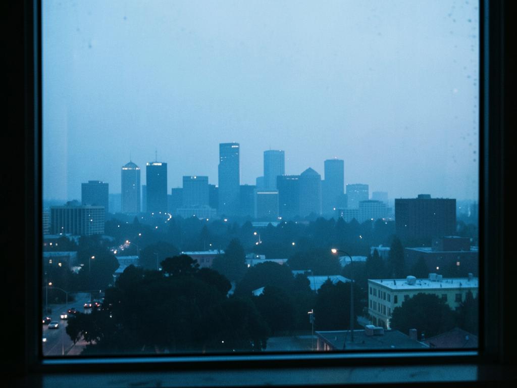 The Bay Area skyline at blue hour through a foggy window