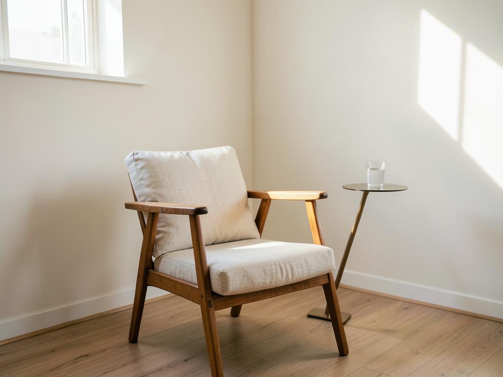 An empty consultation room with a linen chair and a glass of water