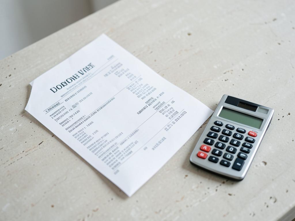 An itemized invoice and a calculator on a stone desk