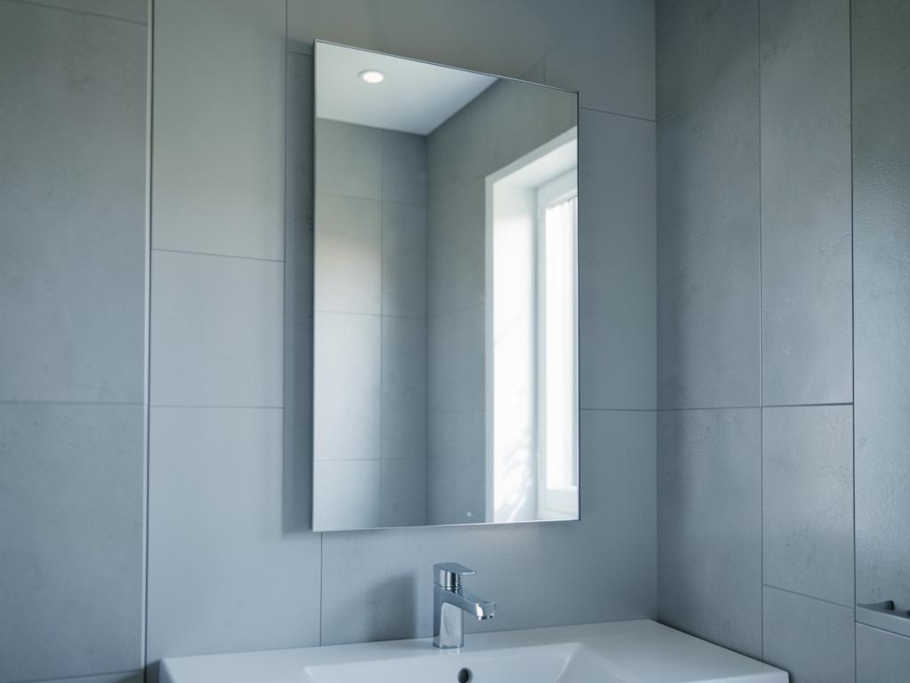 A bathroom mirror in pale morning light